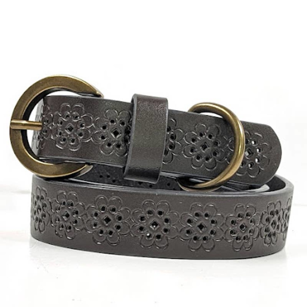 Vintage Brown Leather Jean Belt Daisy Flower Cut Out Heavy Brass Fittings